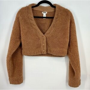 PINK Victoria's Secret Sherpa Teddy Cropped Cardigan Sweater Small Brown Cozy
